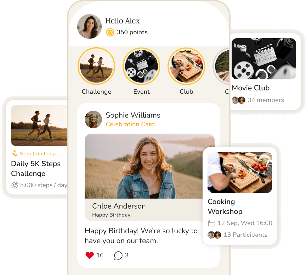 Wellbees home screen for Alex with 350 points, Challenge, Event and Club stories and a birthday celebration card, next to a Daily 5K Steps Challenge, a Movie Club with 34 members and a Cooking Workshop with 13 participants.